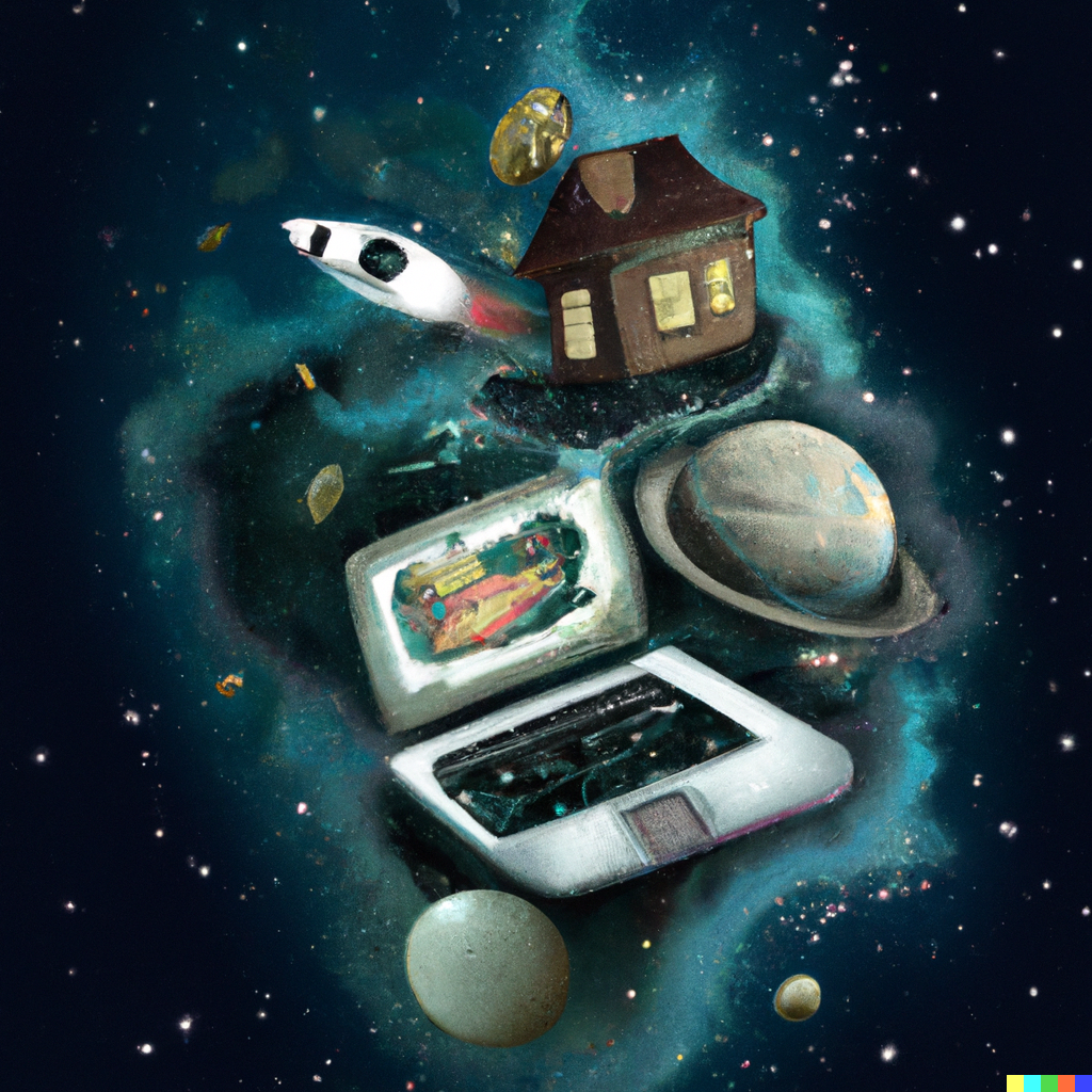 graphic designer 2 DALL·E 2022 07 23 08.02.12 Money laptop Apple Watch and a home floating in space in the style of Ori Toor. Digital art